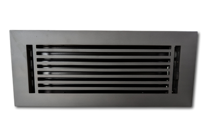 The Madelyn Carter Cast Aluminum Linear Bar Vent Cover in Carbon Gray features horizontal slats and a rust-resistant finish, adding durable modern style to any space. Set against a plain white background.