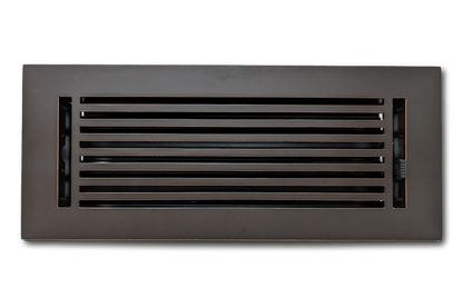 The Madelyn Carter Cast Aluminum Linear Bar Vent Cover in Oxidized Bronze features horizontal slats and a rust-resistant finish—an ideal, stylish choice for durable floor vent covers.
