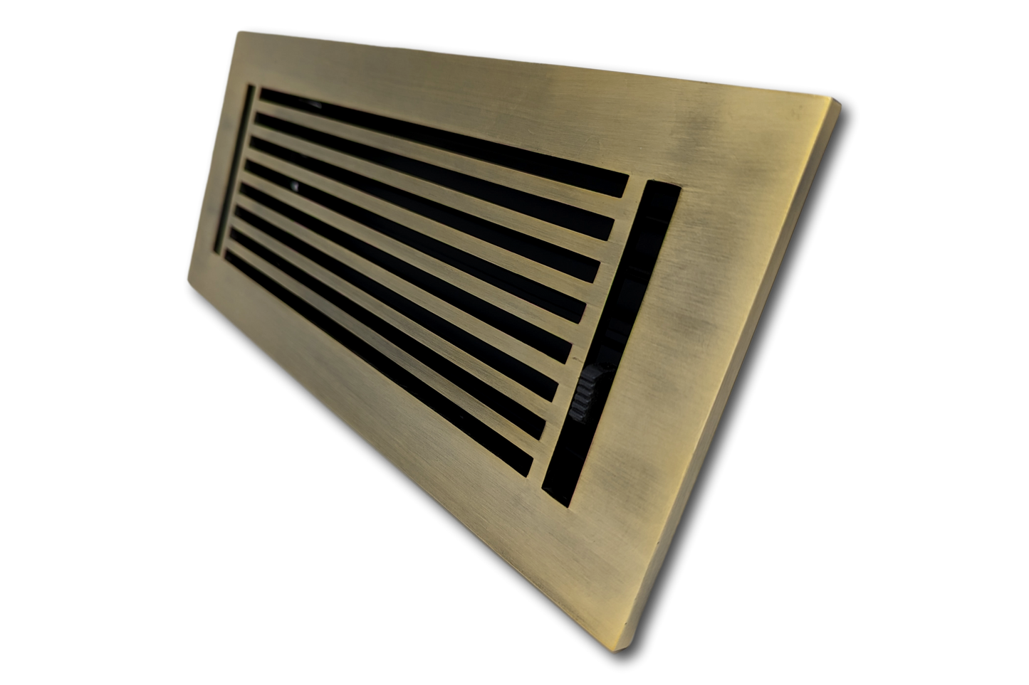 The Madelyn Carter Cast Aluminum Linear Bar Vent Cover in Antique Brass features horizontal slats, a sleek design, and rust-resistant durability—perfect for modern spaces. Displayed at an angle against a white background.