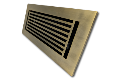 The Madelyn Carter Cast Aluminum Linear Bar Vent Cover in Antique Brass features horizontal slats, a sleek design, and rust-resistant durability—perfect for modern spaces. Displayed at an angle against a white background.