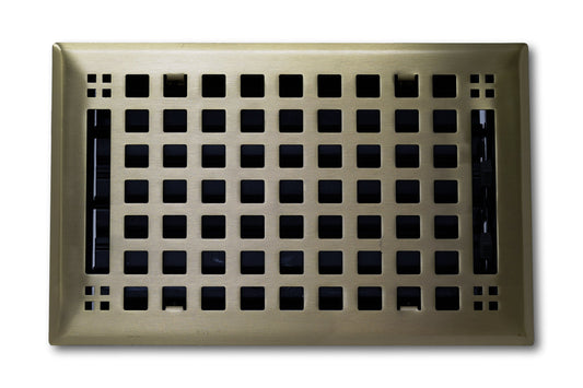 Madelyn Carter Steel Artisan Vent Cover in Antique Brass features a grid of square holes and a decorative border, perfect for floors or walls. Shown from above against a white background.