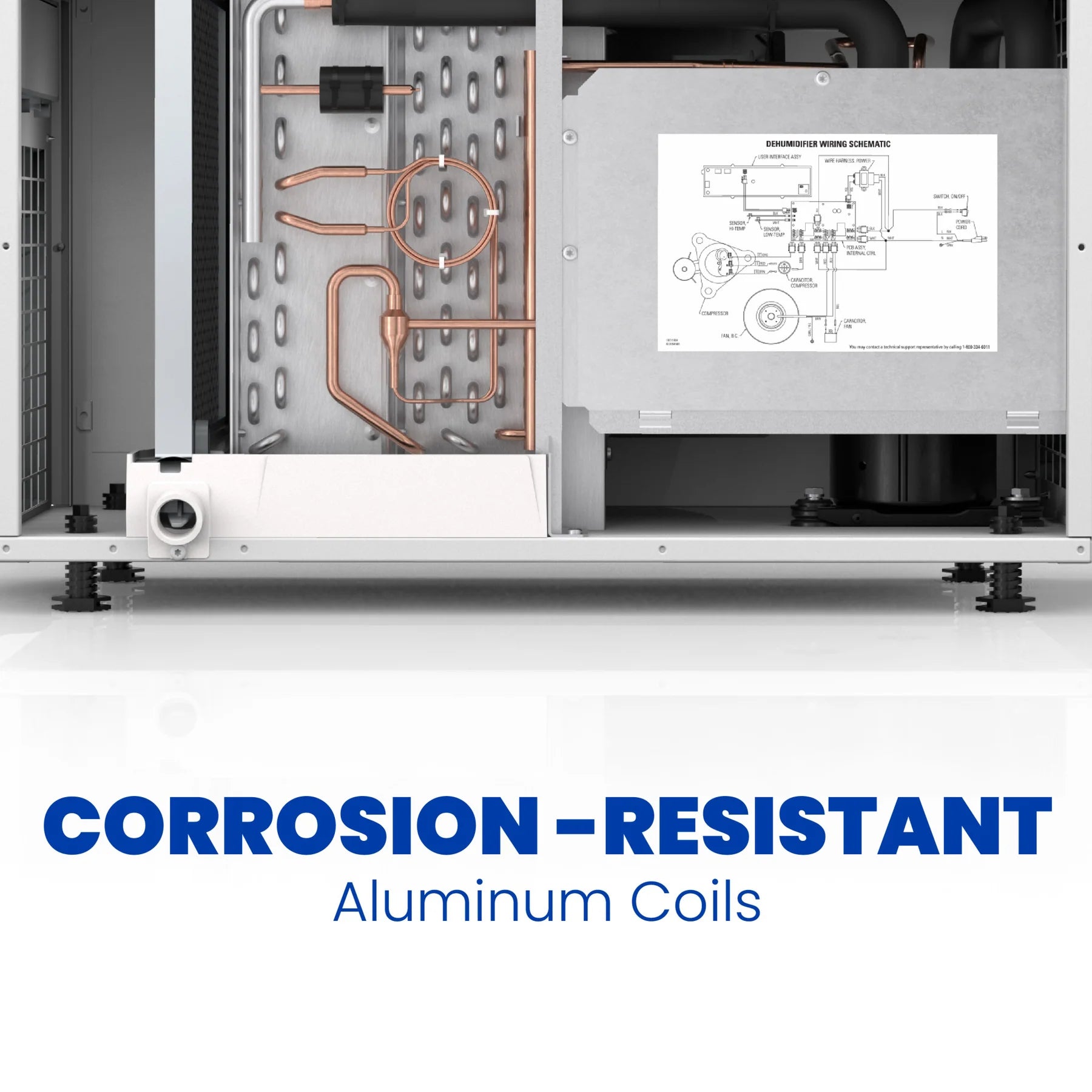 Close-up of the Aprilaire 100 Pint Professional-Grade Dehumidifier (Model E100) interior, highlighting corrosion-resistant aluminum coils and wiring diagram. Compatible with energy-efficient dehumidifier systems for basements.