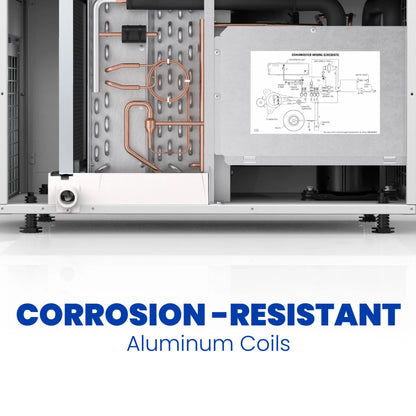 Close-up of the Aprilaire 100 Pint Professional-Grade Dehumidifier (Model E100) interior, highlighting corrosion-resistant aluminum coils and wiring diagram. Compatible with energy-efficient dehumidifier systems for basements.