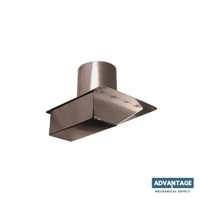 A stainless steel kitchen range hood chimney cap with a cylindrical duct and angled vent cover, shown on a plain white background with an 'ADVANTAGE MECHANICAL SUPPLY' logo in the bottom right corner.