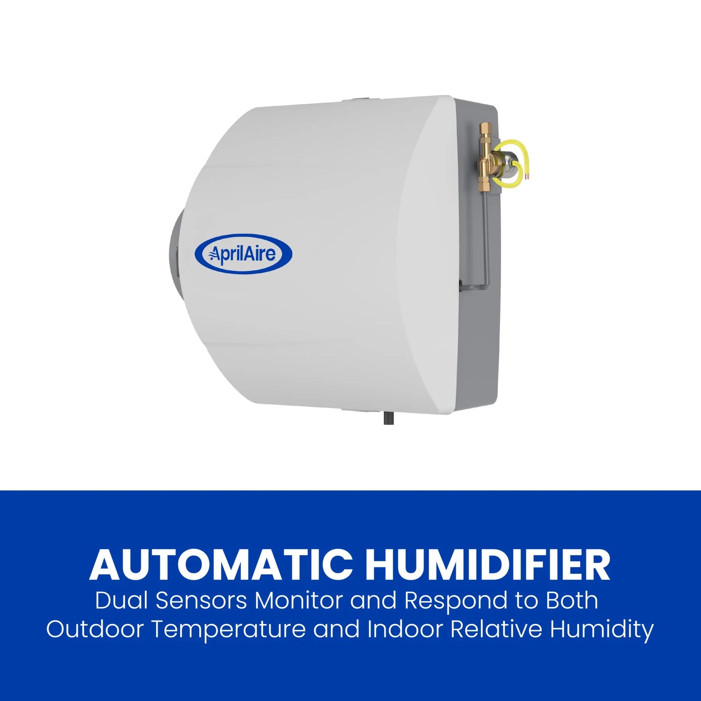 An Aprilaire Model 600 Whole-House Large Bypass Evaporative Humidifier with integrated sensors, shown above text highlighting its dual temperature and humidity monitoring for optimal indoor air quality.