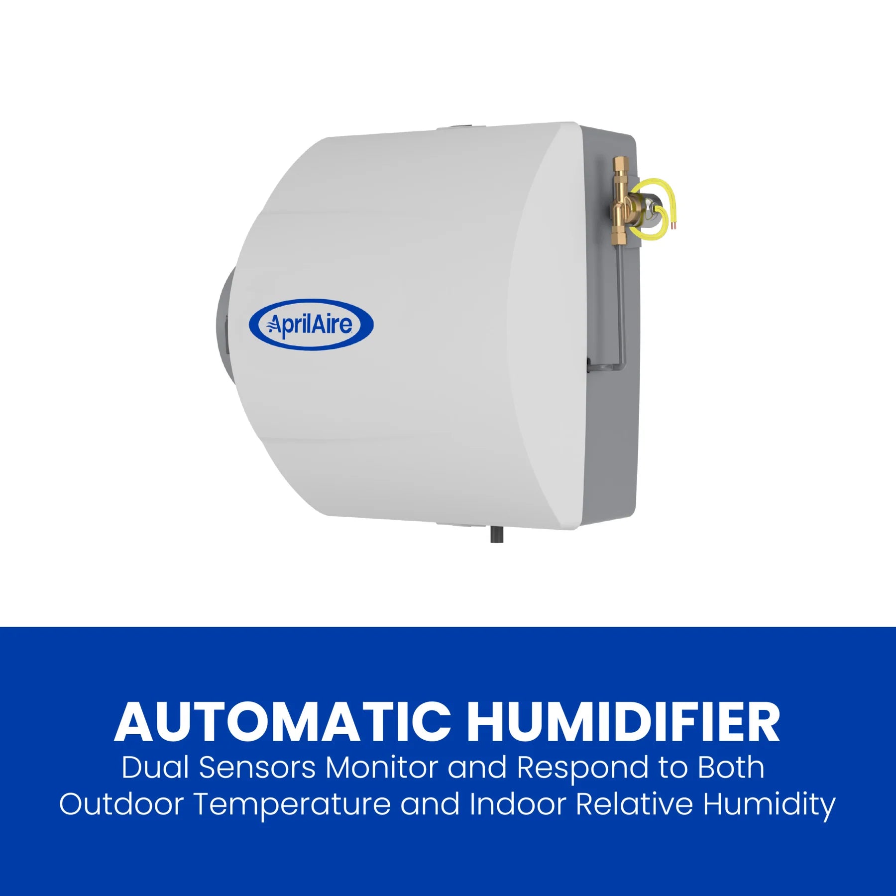 An Aprilaire Model 600 Whole-House Large Bypass Evaporative Humidifier with integrated sensors, shown above text highlighting its dual temperature and humidity monitoring for optimal indoor air quality.