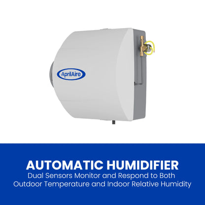 An Aprilaire Model 600 Whole-House Large Bypass Evaporative Humidifier with integrated sensors, shown above text highlighting its dual temperature and humidity monitoring for optimal indoor air quality.