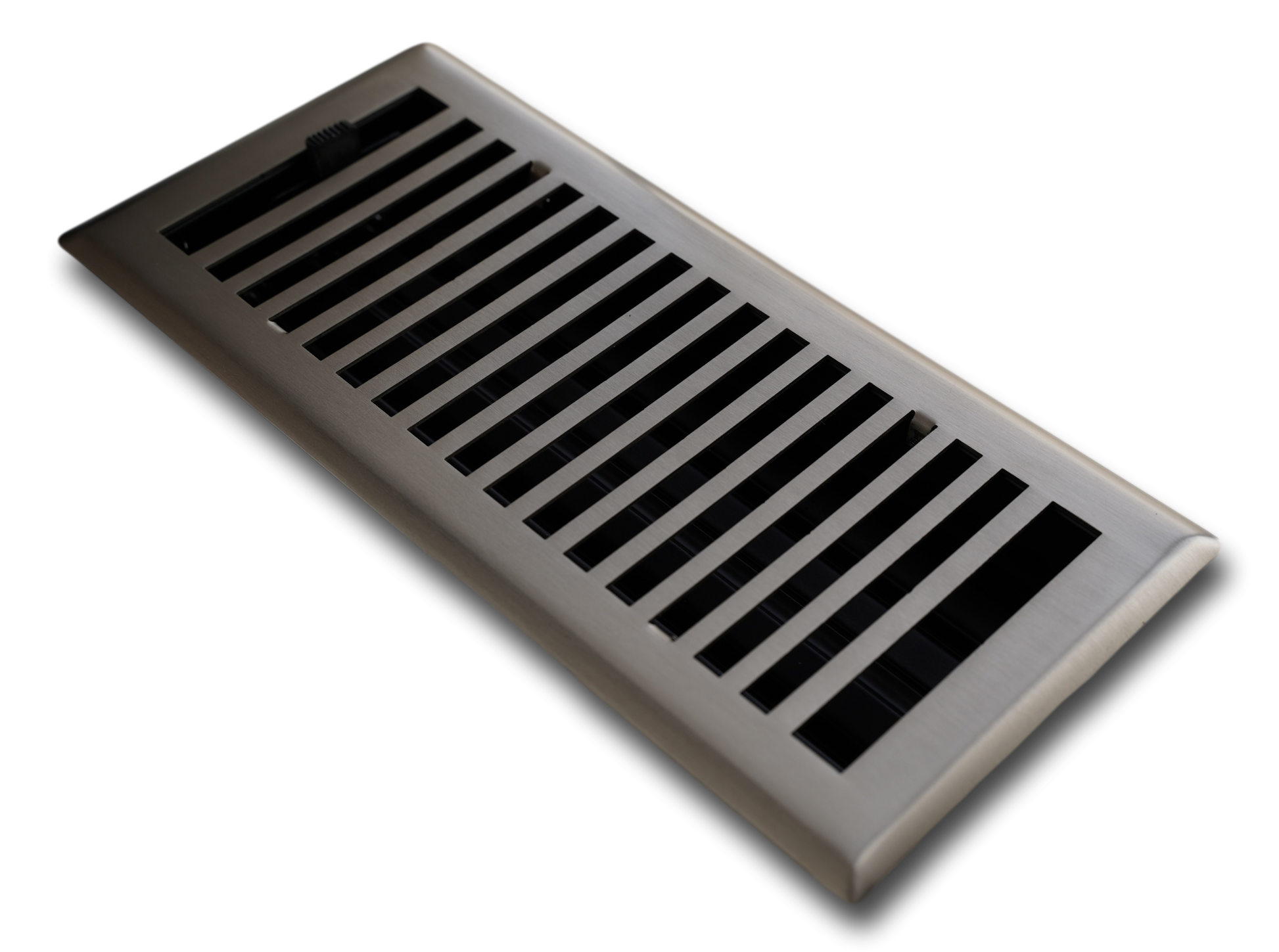 The Madelyn Carter Steel Modern Chic Vent Cover in Antique Brass features horizontal and vertical slats, shown at an angle on a white background.