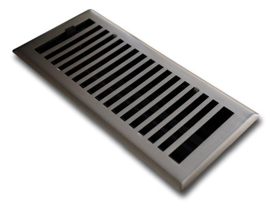 The Madelyn Carter Steel Modern Chic Vent Cover in Antique Brass features horizontal and vertical slats, shown at an angle on a white background.