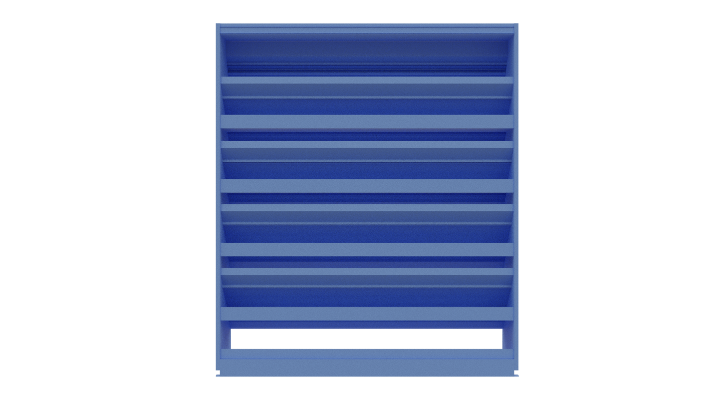 Aire Technologies DC-638 6" stationary drainable louver, blue, free-standing with multiple angled louver-style shelves, shown from the front against a plain white background.