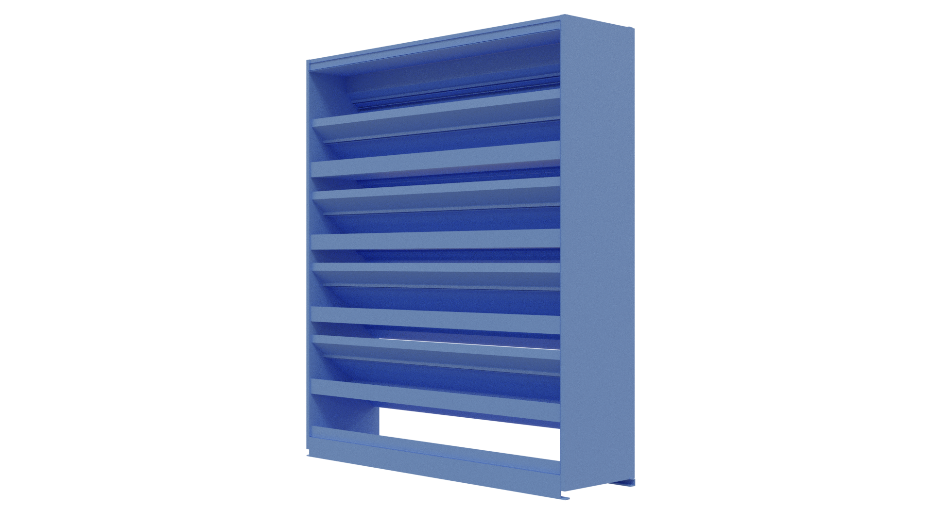 The Aire Technologies DC-638 is a tall, blue, metal stationary drainable louver with six slanted shelves and an open bottom section, shown against a plain white background.