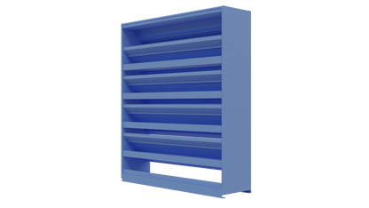 The Aire Technologies DC-638 is a tall, blue, metal stationary drainable louver with six slanted shelves and an open bottom section, shown against a plain white background.