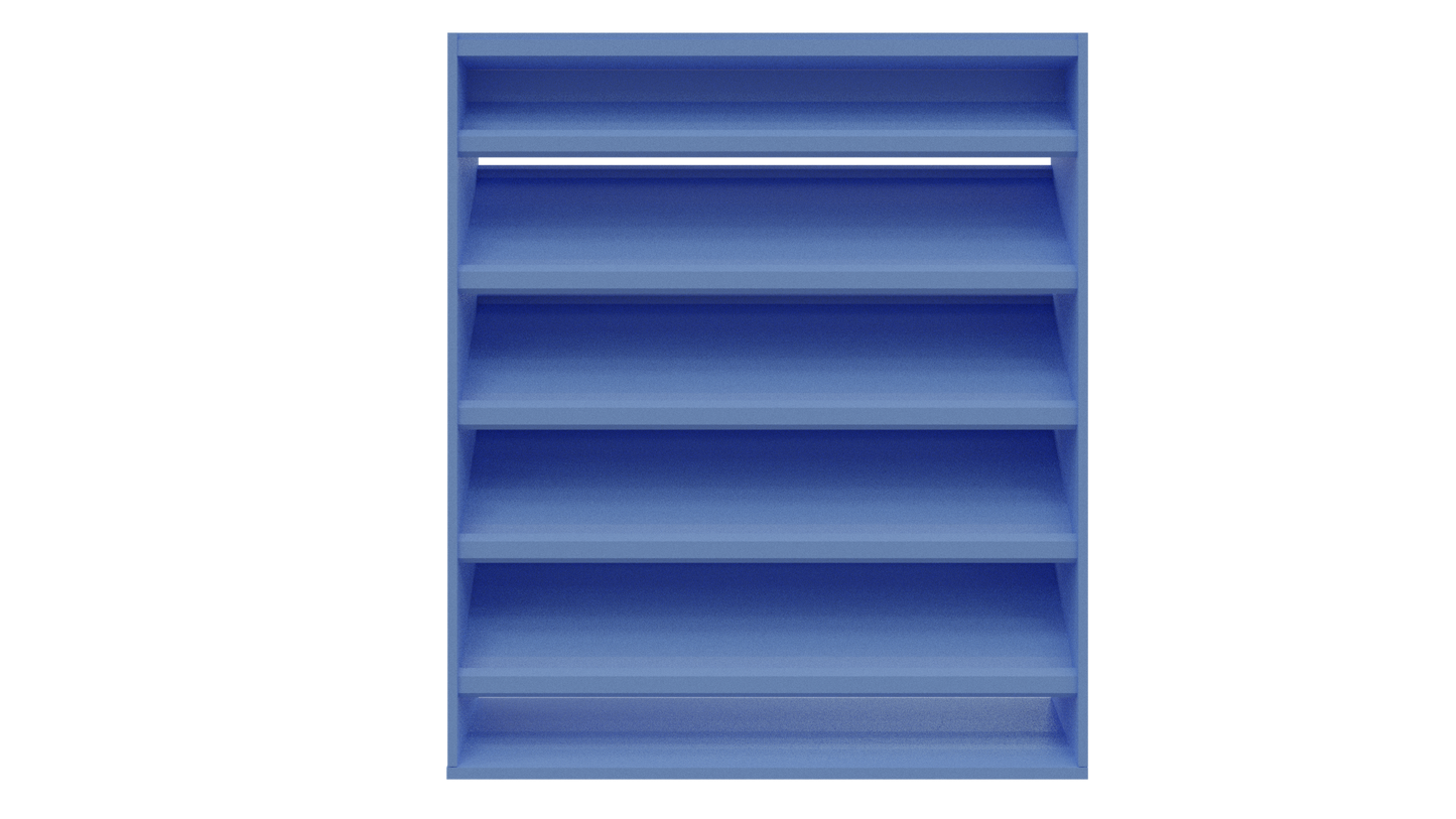 A blue five-shelf bookcase with a back panel, shown against a white background, features clean lines inspired by the Aire Technologies DC-638 / 6” stationary drainable louver.