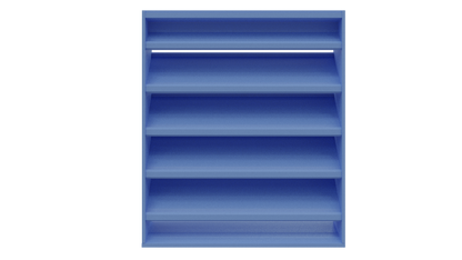 A blue five-shelf bookcase with a back panel, shown against a white background, features clean lines inspired by the Aire Technologies DC-638 / 6” stationary drainable louver.