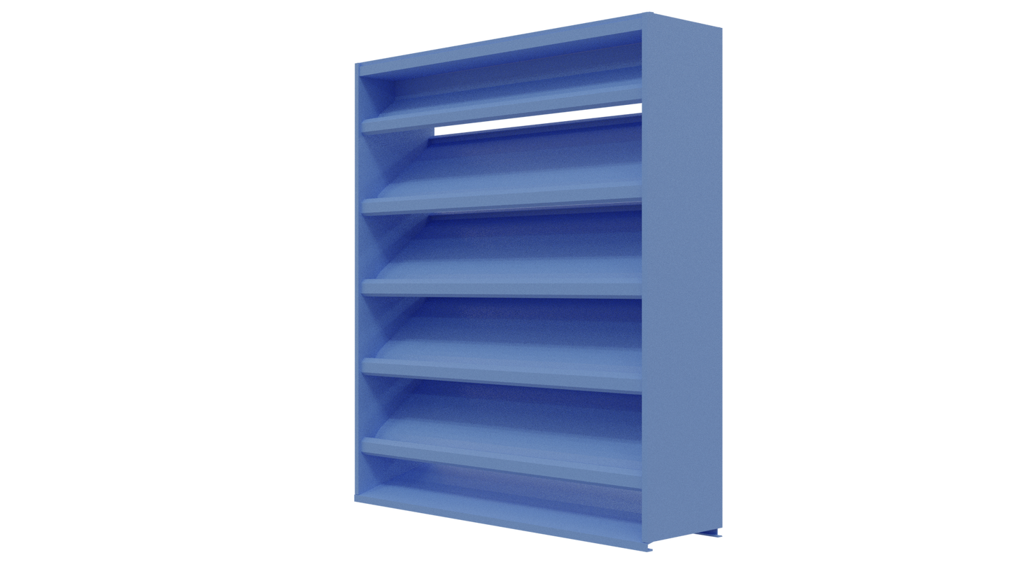 A blue DC-638 / 6” stationary drainable louver by Aire Technologies, resembling a freestanding bookshelf with five angled shelves, is shown from a slight angle against a plain white background.