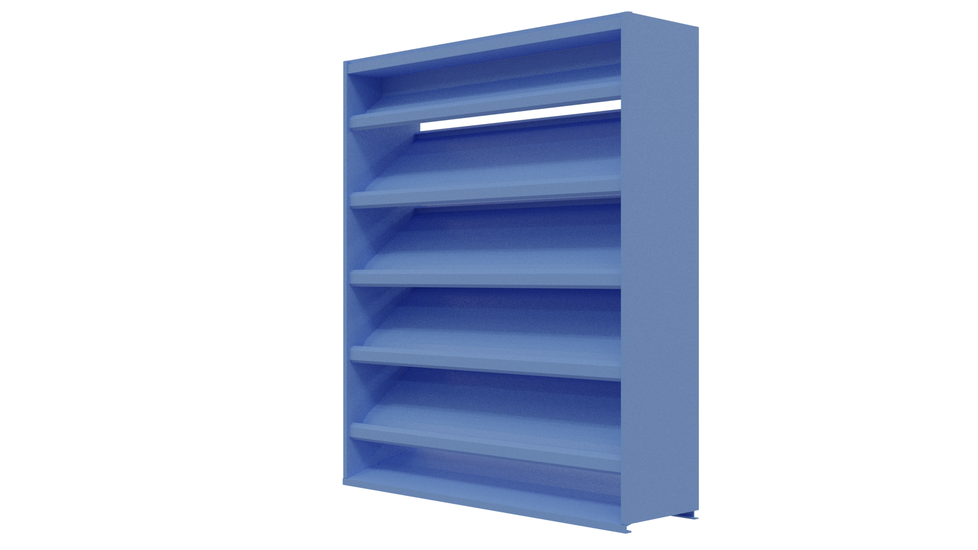 A blue DC-638 / 6” stationary drainable louver by Aire Technologies, resembling a freestanding bookshelf with five angled shelves, is shown from a slight angle against a plain white background.