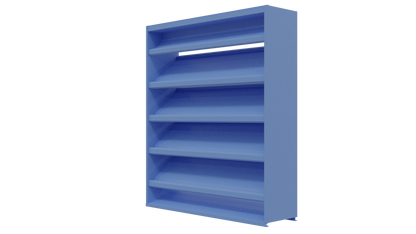 A blue DC-638 / 6” stationary drainable louver by Aire Technologies, resembling a freestanding bookshelf with five angled shelves, is shown from a slight angle against a plain white background.