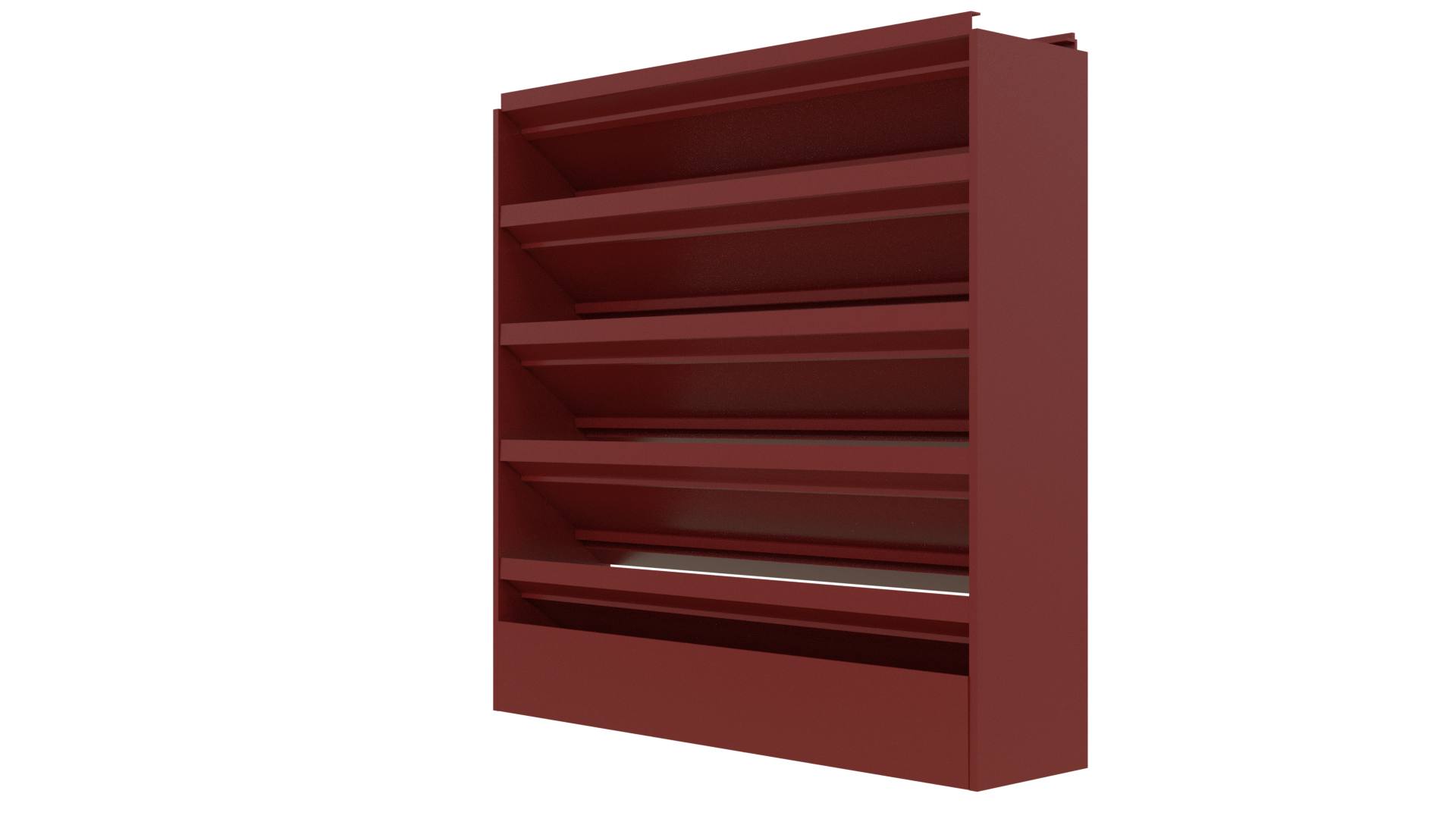 The Aire Technologies 638-SD Stationary, Drainable, Louver features five red metal slanted shelves and is available in custom sizes, shown against a plain white background.