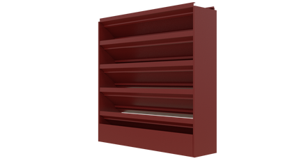 The Aire Technologies 638-SD Stationary, Drainable, Louver features five red metal slanted shelves and is available in custom sizes, shown against a plain white background.