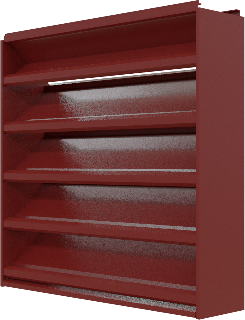 The Aire Technologies 638-SD Stationary, Drainable, Louver is shown in red metal with four angled shelves. Custom sizes are available. The product is viewed from a slight angle against a plain background.
