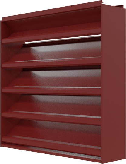The Aire Technologies 638-SD Stationary, Drainable, Louver is shown in red metal with four angled shelves. Custom sizes are available. The product is viewed from a slight angle against a plain background.