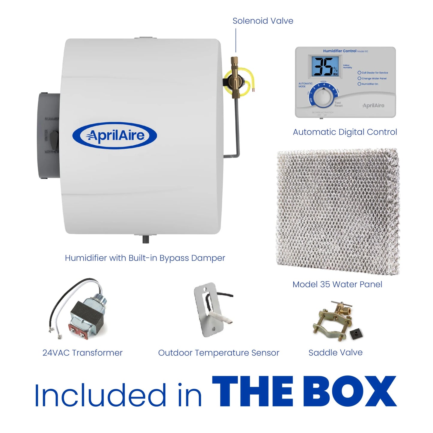 The Aprilaire Whole-House Large Bypass Evaporative Humidifier Model 600 features a solenoid valve, automatic digital control, 24VAC transformer, outdoor sensor, Model 35 water panel, and saddle valve to enhance indoor air quality.