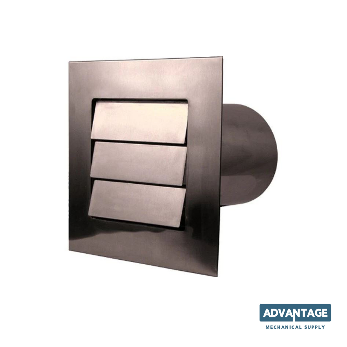 A square metal wall-mounted dryer vent cover with three horizontal slats, shown on a white background with an Advantage Mechanical Supply logo in the bottom right corner.