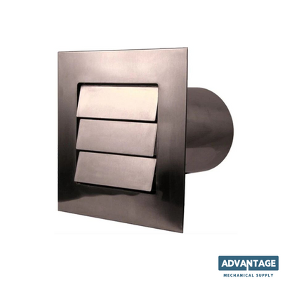 A square metal wall-mounted dryer vent cover with three horizontal slats, shown on a white background with an Advantage Mechanical Supply logo in the bottom right corner.
