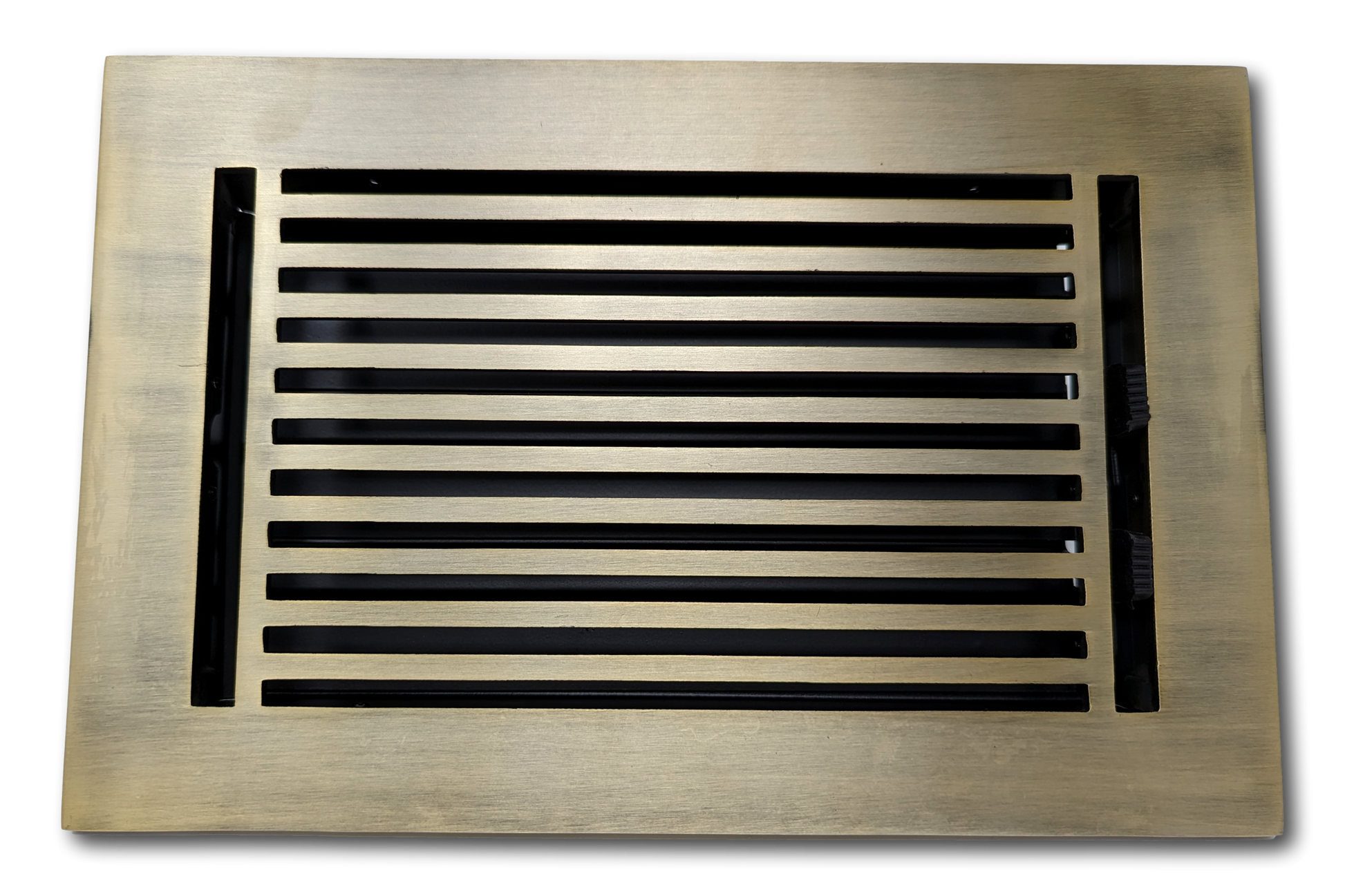 The Madelyn Carter Cast Aluminum Linear Bar Vent Cover in Antique Brass, with horizontal slats and a brushed finish, is shown from above on a white background.