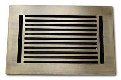 The Madelyn Carter Cast Aluminum Linear Bar Vent Cover in Antique Brass, with horizontal slats and a brushed finish, is shown from above on a white background.