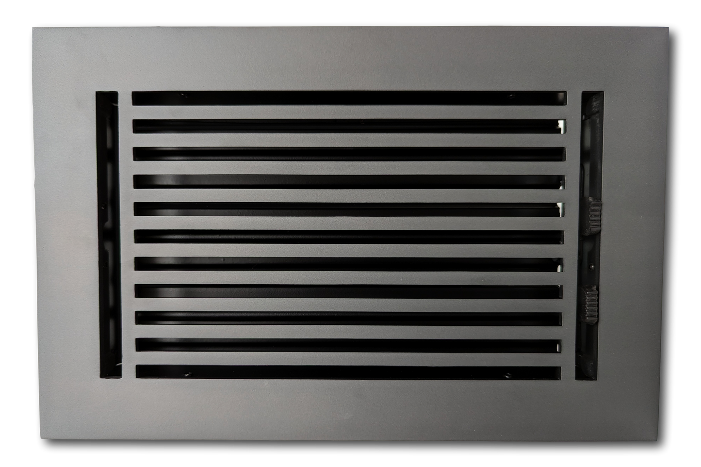 A carbon gray, rectangular Cast Aluminum Linear Bar Vent Cover by Madelyn Carter with horizontal slats and a plain border, viewed from above on a white background.