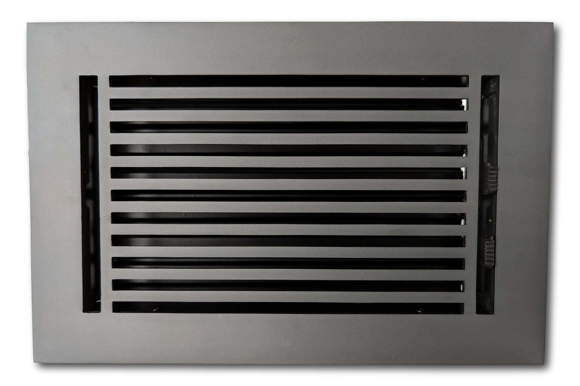 A carbon gray, rectangular Cast Aluminum Linear Bar Vent Cover by Madelyn Carter with horizontal slats and a plain border, viewed from above on a white background.