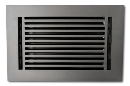 A carbon gray, rectangular Cast Aluminum Linear Bar Vent Cover by Madelyn Carter with horizontal slats and a plain border, viewed from above on a white background.