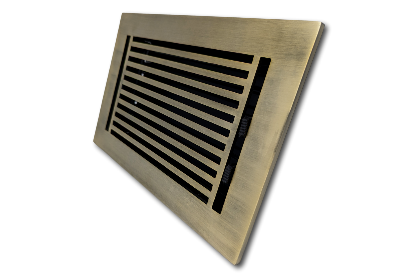 The Madelyn Carter Cast Aluminum Linear Bar Vent Cover in Antique Brass features horizontal slats and a rust-resistant rectangular design, shown at an angle against a white background.