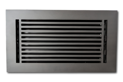 The Madelyn Carter Cast Aluminum Linear Bar Vent Cover in Carbon Gray features horizontal slats, a right-side adjustable lever, and a rust-resistant finish for durable, modern style. Shown against a white background.