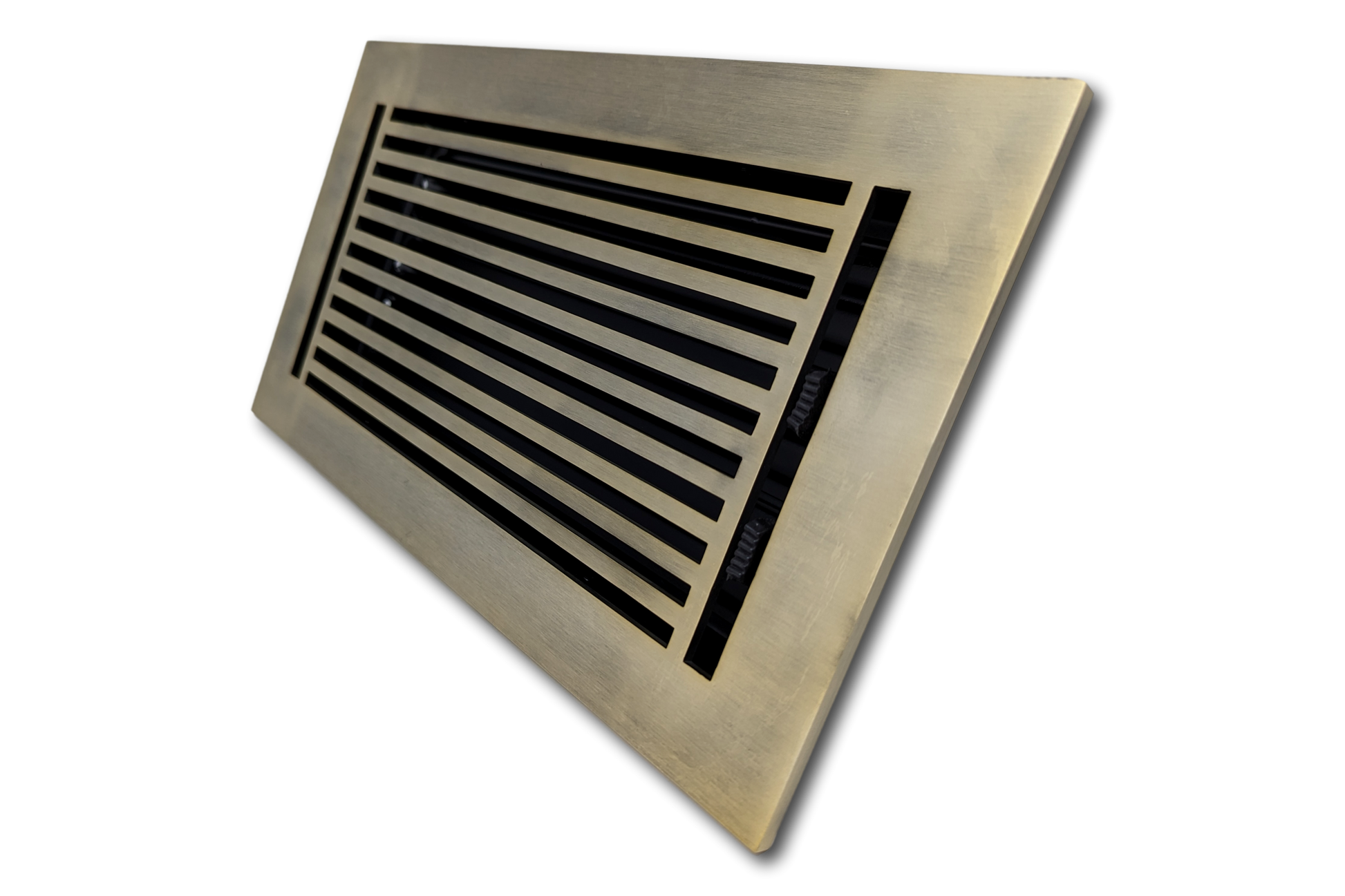 The Madelyn Carter Cast Aluminum Linear Bar Vent Cover in Antique Brass features horizontal slats and a rust-resistant rectangular design, displayed at an angle on a white background.