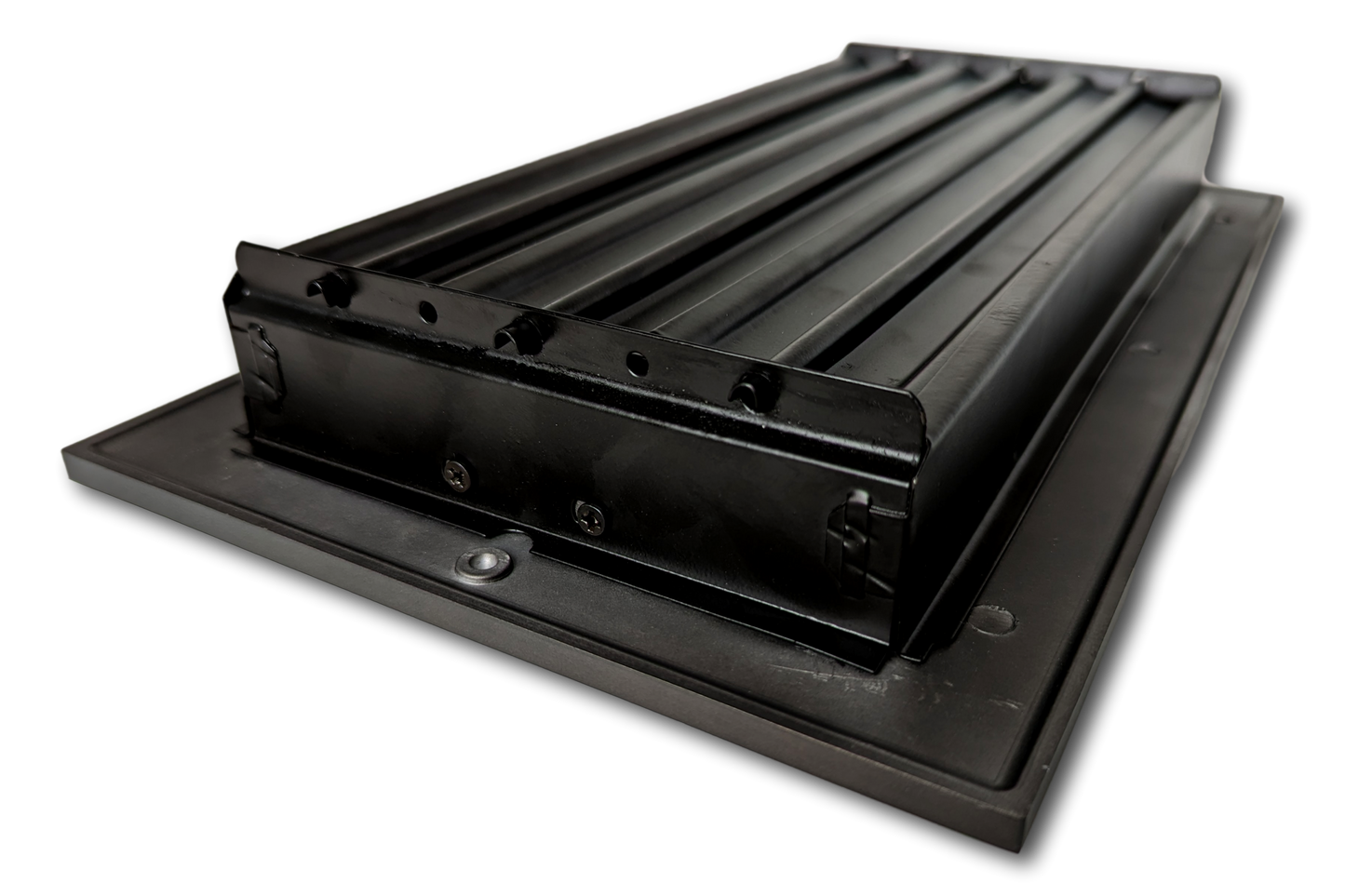 The Madelyn Carter Cast Aluminum Linear Bar Vent Cover in Carbon Gray features a flat base with raised, angled slats. Rust resistant and stylish, this durable vent cover is shown on a white background, perfect for any space.