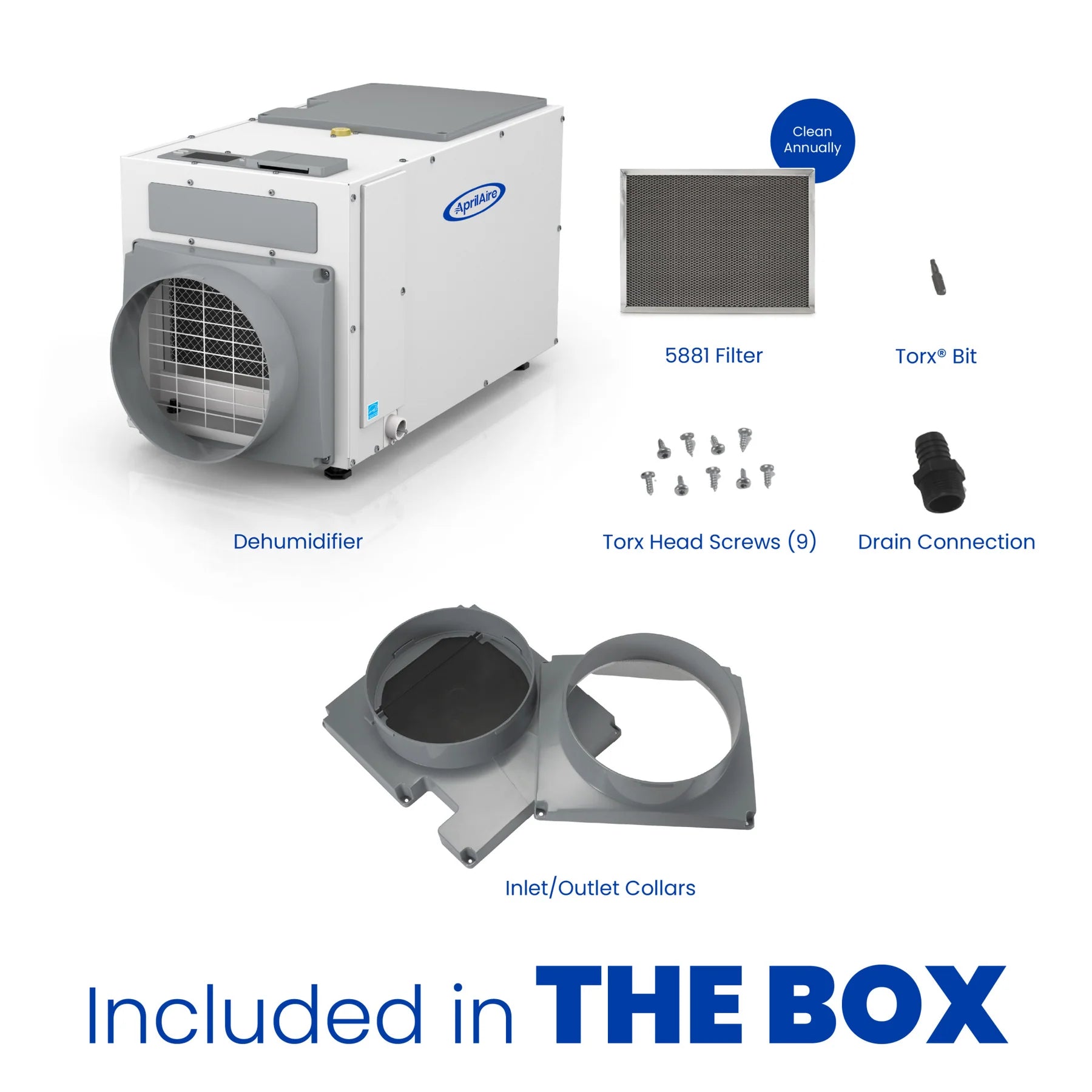 Image displaying the Aprilaire 100 Pint Professional-Grade Dehumidifier – Model E100, with labeled filter, Torx bit, Torx head screws, drain connection, and inlet/outlet collars, plus the text "Included in the box.