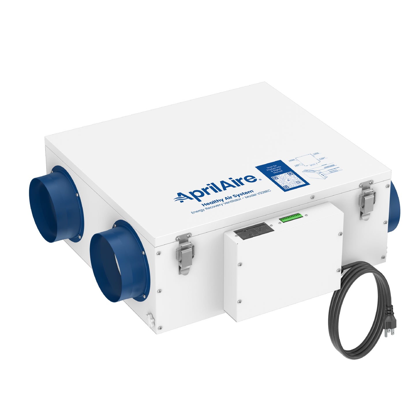 The Aprilaire Energy Recovery Ventilator - Model V22BEC is a rectangular white unit with blue circular vents, a front control box, and black power cord—engineered to improve indoor air quality for a healthier home.