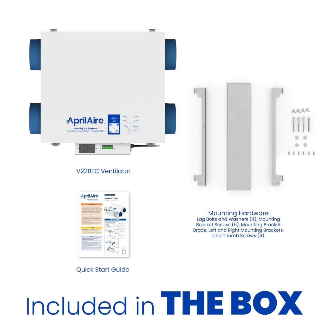 Aprilaire Energy Recovery Ventilator – Model V22BEC, with quick start guide, mounting bracket hardware, and screws shown on a white background, labeled "Included in the Box" for optimal indoor air quality.