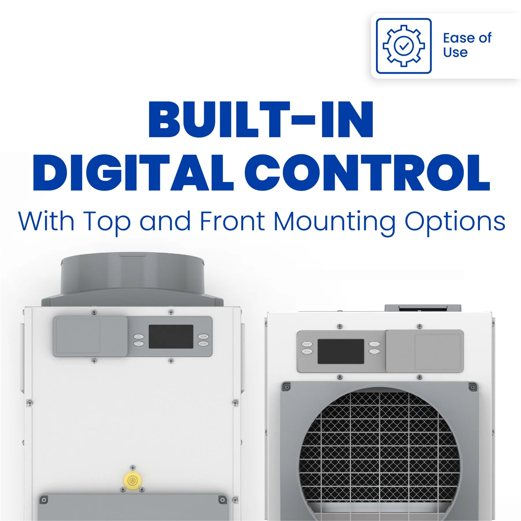 Two Aprilaire Model E100 dehumidifiers with digital control panels are shown, highlighting built-in digital controls, flexible top/front mounting, and an "Ease of Use" icon for these energy-efficient 100-pint professional-grade solutions.