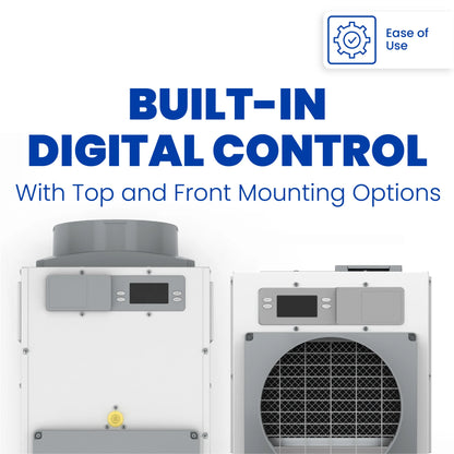 Two Aprilaire Model E100 dehumidifiers with digital control panels are shown, highlighting built-in digital controls, flexible top/front mounting, and an "Ease of Use" icon for these energy-efficient 100-pint professional-grade solutions.