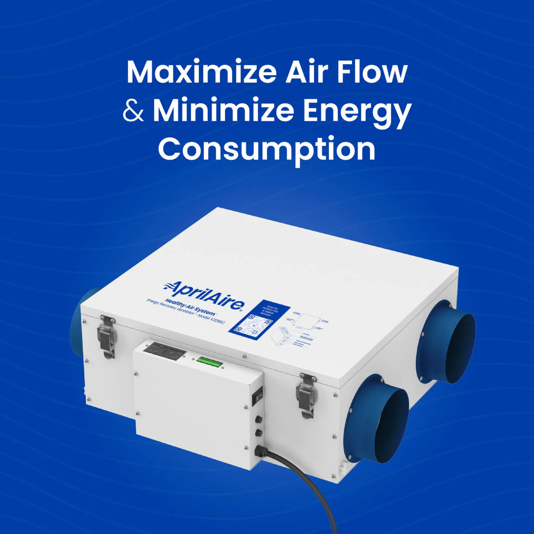 The Aprilaire Energy Recovery Ventilator - Model V22BEC in white, with two blue air ducts, is displayed on a blue background beside the text: "Maximize Air Flow & Minimize Energy Consumption. Improve indoor air quality efficiently.