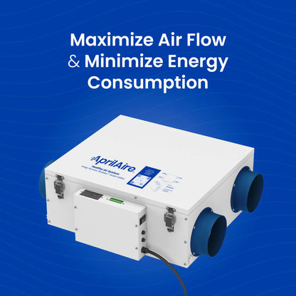 The Aprilaire Energy Recovery Ventilator - Model V22BEC in white, with two blue air ducts, is displayed on a blue background beside the text: "Maximize Air Flow & Minimize Energy Consumption. Improve indoor air quality efficiently.