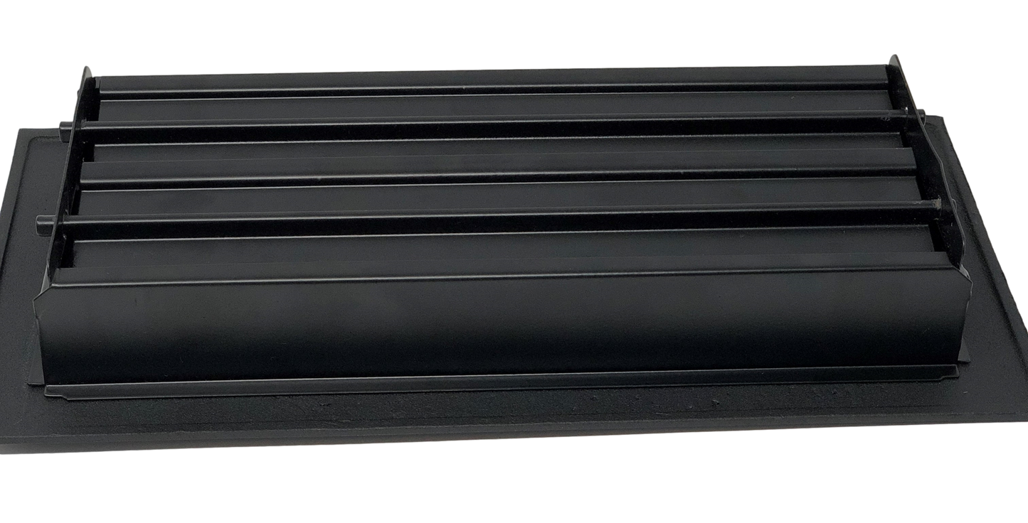 The Madelyn Carter Cast Aluminum Arts & Crafts Vent Cover in black features horizontal slats on a flat base, adding modern style and effective airflow to your space.