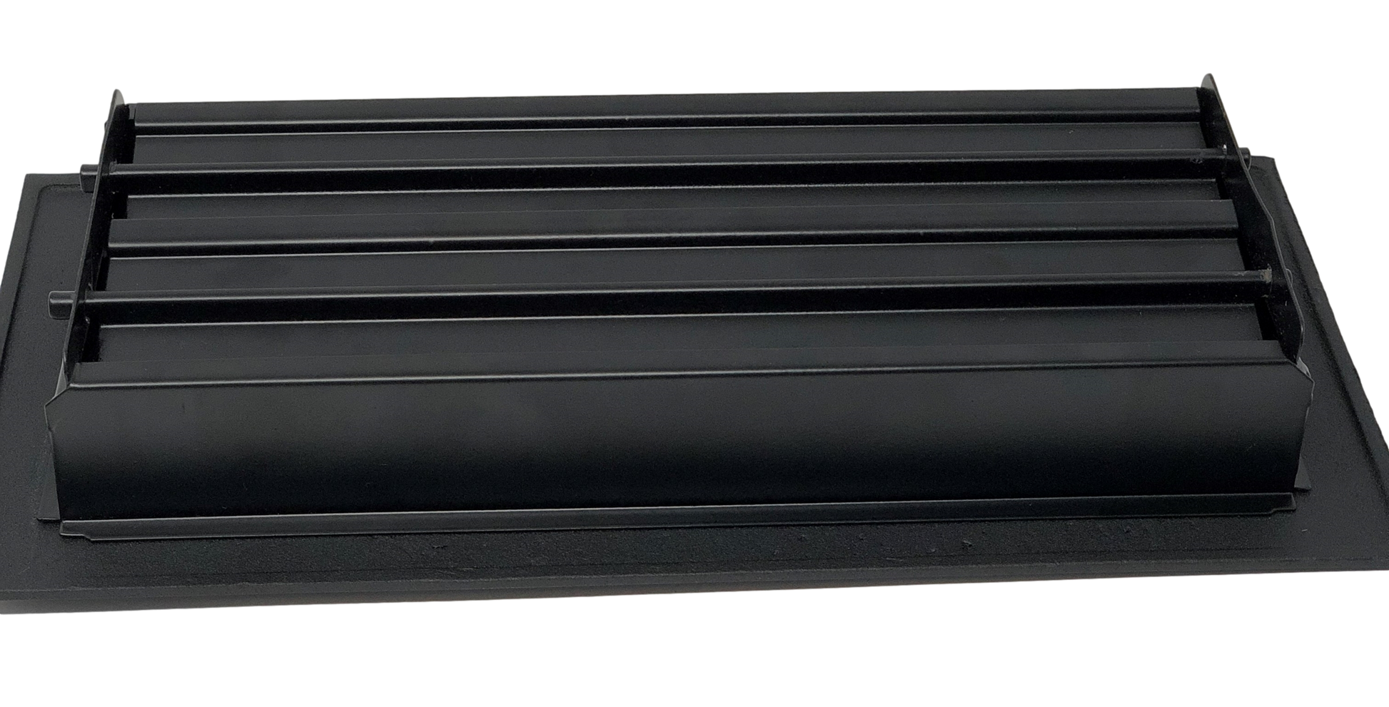 The Madelyn Carter Cast Aluminum Arts & Crafts Vent Cover in black features horizontal slats on a flat base, adding modern style and effective airflow to your space.