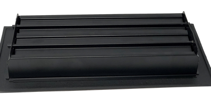 The Madelyn Carter Cast Aluminum Arts & Crafts Vent Cover in black features horizontal slats on a flat base, adding modern style and effective airflow to your space.