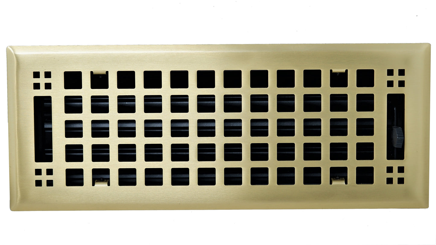 The Madelyn Carter Steel Artisan Vent Cover in brushed brass features a rectangular grid design with adjustable black louvers, shown against a white background.