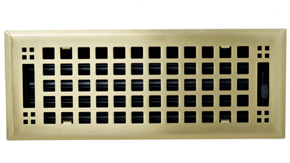 The Madelyn Carter Steel Artisan Vent Cover in brushed brass features a rectangular grid design with adjustable black louvers, shown against a white background.