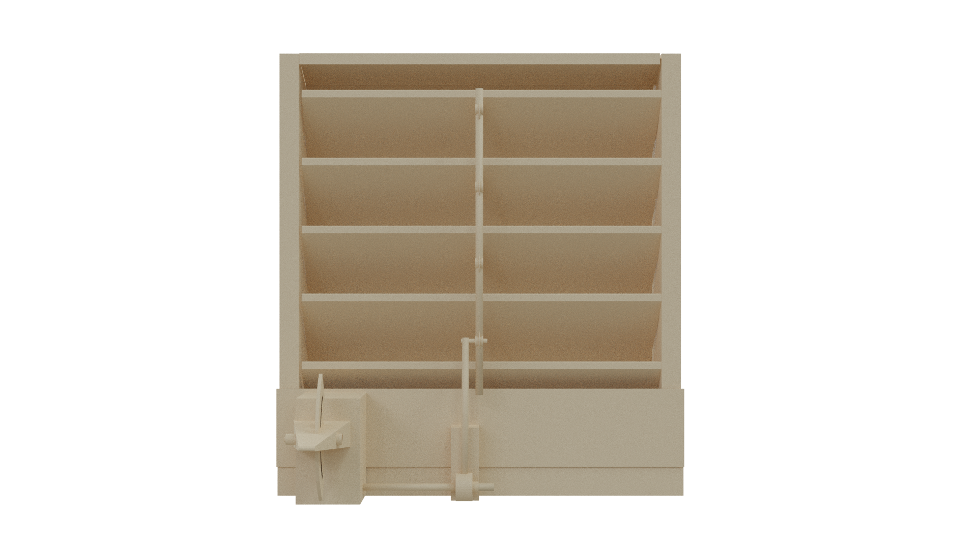 The Aire Technologies 438-CD is a beige, multi-tiered shelving unit with six horizontal shelves, bottom-front mechanical parts, and an adjustable louver for drainable airflow. Custom sizes and AMCA-certified options are available.